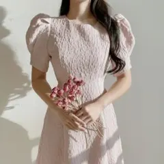 Jasmineジャカードミニ丈ドレスピンク花柄ワンピースパフスリーブのサムネイル