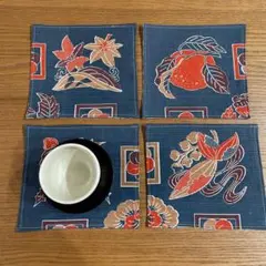 和風花柄コースター（大） 4枚セット紺系