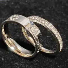 四つ葉のクローバーキュービックジルコニアステンレスシルバー2連リング（11号）