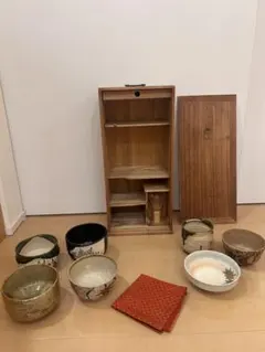 茶道具セット 木製茶棚 短冊棚茶箱 京焼き清水焼　抹茶碗　上山善峰　セット 茶道具セット 木製茶棚 短冊棚茶箱 京焼き清水焼 抹茶碗 上山善峰