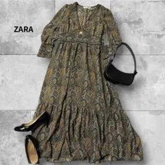 【美品】ZARA リーフ柄 総柄 Vネック ティアード ロングワンピース M