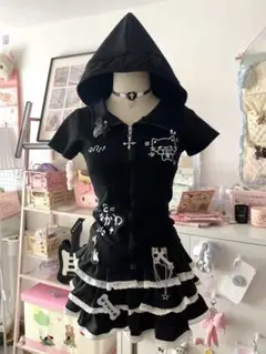 TRALALA平成姫ギャル ドット リボン 半袖パーカー 2kロリータフェアリー TRALALA平成姫ギャル ドット リボン 半袖パーカー 2kロリータ