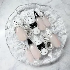 ワンホン韓国フレンチガーリー埋めつくしスナ系ネイルチップ量産型水玉ギャルりぼん