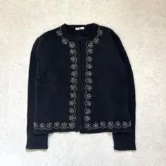 ビーズ刺繍 カーディガン 黒 ビジュー装飾 ニット レトロ エレガント アンゴラ