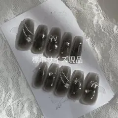 【ネイルチップ現品】チーク韓国ワンホンy2kハートブラックグレーシルバーリボン春