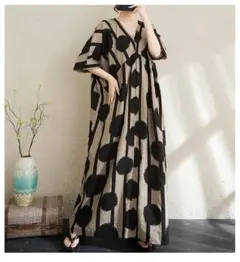 着痩せ 水玉柄 プリント ロングワンピース 体型をカバー 半袖 薄手 V字襟