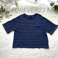 FOREVER 21 ネイビー ボーダー 半袖 Tシャツ ポケット付 M 袖二重のサムネイル