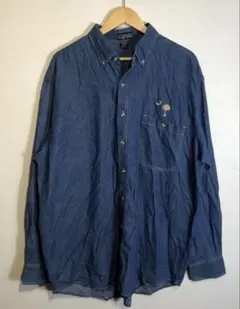 デニムシャツ　ワンポイント刺繍　ヴィンテージ風　長袖