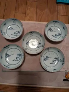 レトロ青い風景画の陶器皿 5枚セット