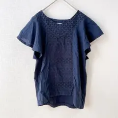 グローバルワーク　フリル袖ブラウス　トップス　レース　M 半袖　ネイビー