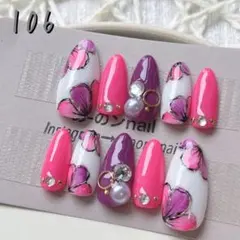 106番☆ネイルチップ ピンク紫派手フラワーカラフル花柄キラキラビジュー成人式