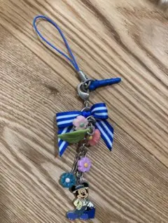 ミッキーマウス ストラップ 青白リボン　ディズニーシー