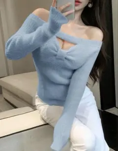 水色オフショルダー ニット セーター タイト 胸空き リボン リブ 地雷 量産