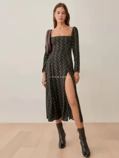 Reformation 未使用緑色 波模様 オフショルダー 膝下ワンピース