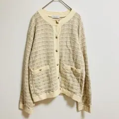 RANDA ツイード風 ノーカラー ニットカーディガン 淡色 ゴールドボタン
