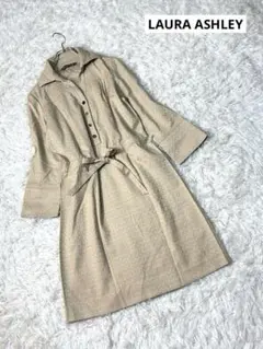 LAURA ASHLEY ジャガードシャツワンピース ベージュ 9号 リボン付