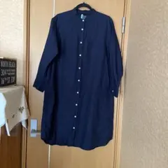 【MUJI】 麻100% バンドカラー シャツ ワンピース ネイビー