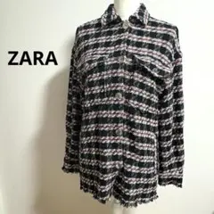 ZARA レディース チェック柄ツイード風ジャケット フリンジ XS大きめ