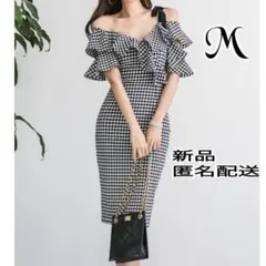 レディースワンピースM　キャバドレス　チェック　白　黒　かわいい　韓国風　デート