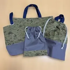 ハンドメイド　入園入学4点セット 恐竜の骨柄　グリーン×グレー　男の子