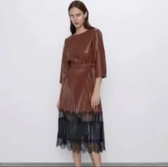 大流行◆レース レザー プリーツブラウン ワンピース◆