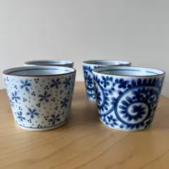 蕎麦ちょこ有田焼 青い花柄と渦巻き模様 カップ 4個セット