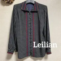 【昭和レトロ】Leilian幾何学模様 長袖ブラウスネイビー