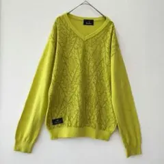 美品 パラディーゾ Vネックニット L ライムグリーン ボタニカル柄 日本製 かのサムネイル