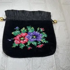 FEILER花柄刺繍ベルベットポーチ 黒