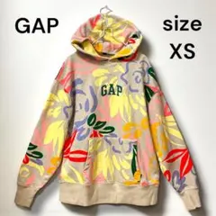 【レア柄】GAP ロゴ刺繍 パーカー XS カラフル ボタニカル柄 プルオーバー