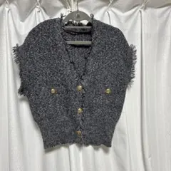 sale! グレー系 フリンジ付きニットベスト Mサイズ