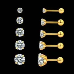 CZダイヤ スタッドピアス 6-8mm ステンレス ゴールド4本爪 丸型ネジ式