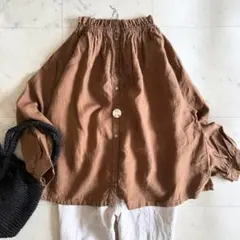 極美品　ネストローブ　リネンギャザーブラウス　ブラウン　ゆったりのサムネイル
