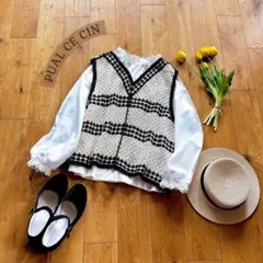 ピュアルセシン＊前後2way 配色カギ編みニットビスチェ アイボリー×黒