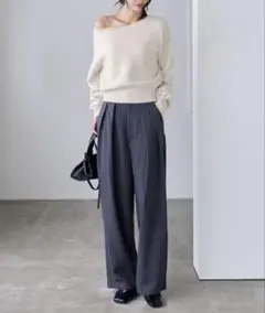 ストライプ柄 スラックス パンツ ネイビー