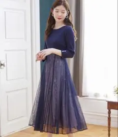 リボン＆パール付きハイウエスト切り替えレースドッキング七分袖ワンピース