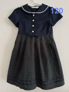 セーラーカラー 半袖ワンピース 120cm ネイビー　ショパン