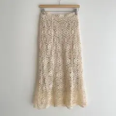 刺繍レース 総柄 ロングスカート ウエストゴム L ベージュ フェミニン きれい