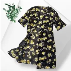 訳あり ブリストーム 花柄 ロングカーディガン M シフォン ガウン 黒 黄のサムネイル