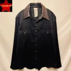 【襟レザーヴィンテージ古着】I RISH長袖シャツ　ブラック 黒 ハンドメイド