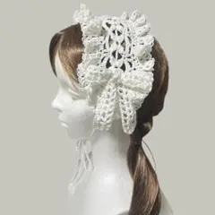 ハンドメイド　ヘッドドレス　フリル　バブーシュカ　リボン　ホワイト　白
