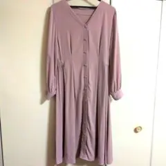 薄紫 シャツワンピース 長袖 Vネック