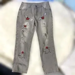 刺繍×ダメージY2K ハート ウィング ローズ デニム ジーンズ グレー L相当