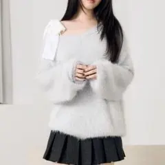 【極美品】Heather シャギーニット Vネック 2way ライトブルー