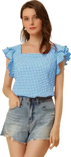 夏 ギンガム トップス レディース スクエアネック フリルスリーブ ブラウスS