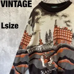 セントアンドリュース L ニット セーター 総柄 風景柄 ゴルフ 刺繍 ブラウン