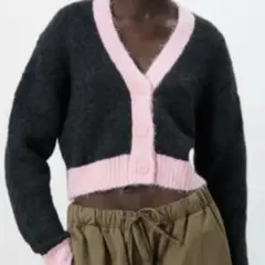 ZARA クロップド丈バイカラーニット ピンク ニットカーディガン