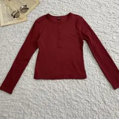 ユニクロ リブヘンリーネックTシャツ S レッド