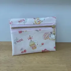 フタにファスナー☆移動ポケット☆スイーツシマエナガ☆ピンク☆ハンドメイド フタにファスナー☆移動ポケット☆スイーツシマエナガ☆ピンク