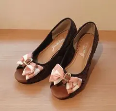 未使用　リボン付きメッシュブラウンオープントゥウェッジヒール　S